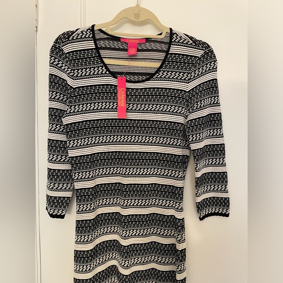 NWT Catherine Malandrino long-sleeve knee length stretchy black white dress - Picture 2 of 13